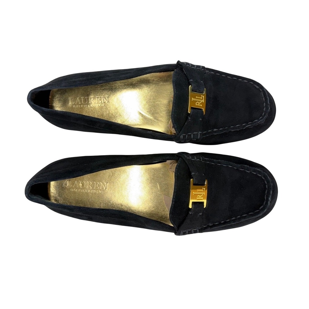 Lauren Ralph Lauren Carleigh Black Suede Loafers Gold RL Logo Flats Womens 8B